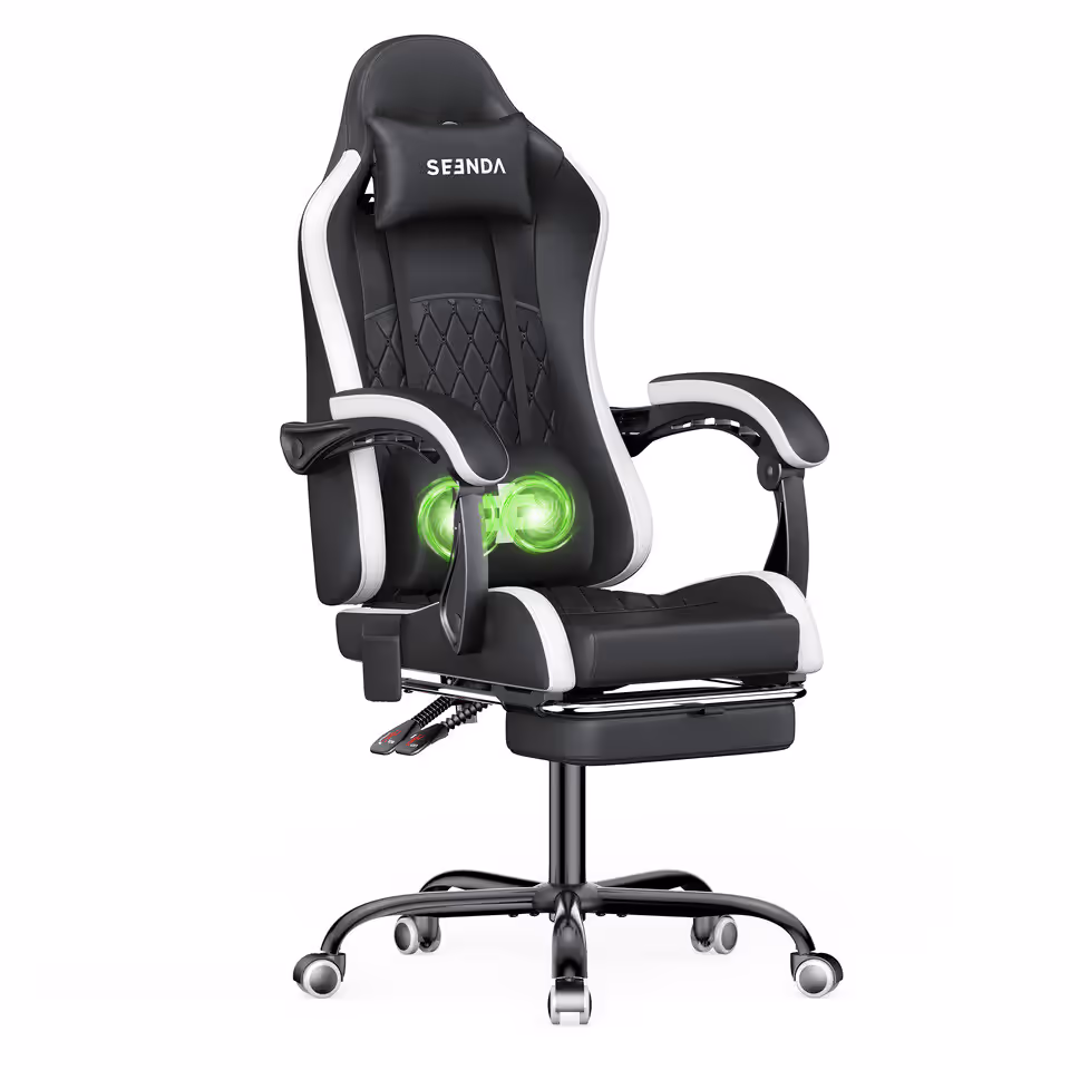 Fauteuils gaming Seenda GCP-12A et GCP-10A vue globale noir et rouge, support lombaire, repose-tête, accoudoirs réglables, design ergonomique