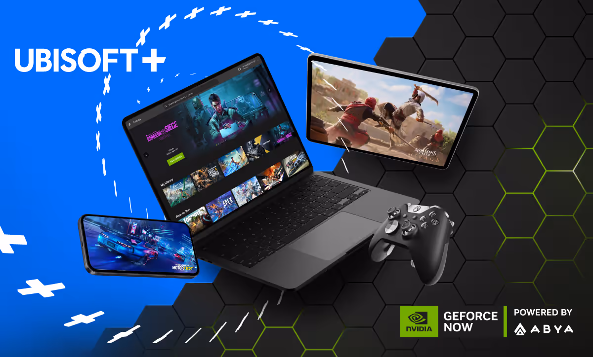 Interface Ubisoft+ Premium sur PC affichant jeux Activision en streaming, streaming cloud, compatibilité GPU, latence réseau