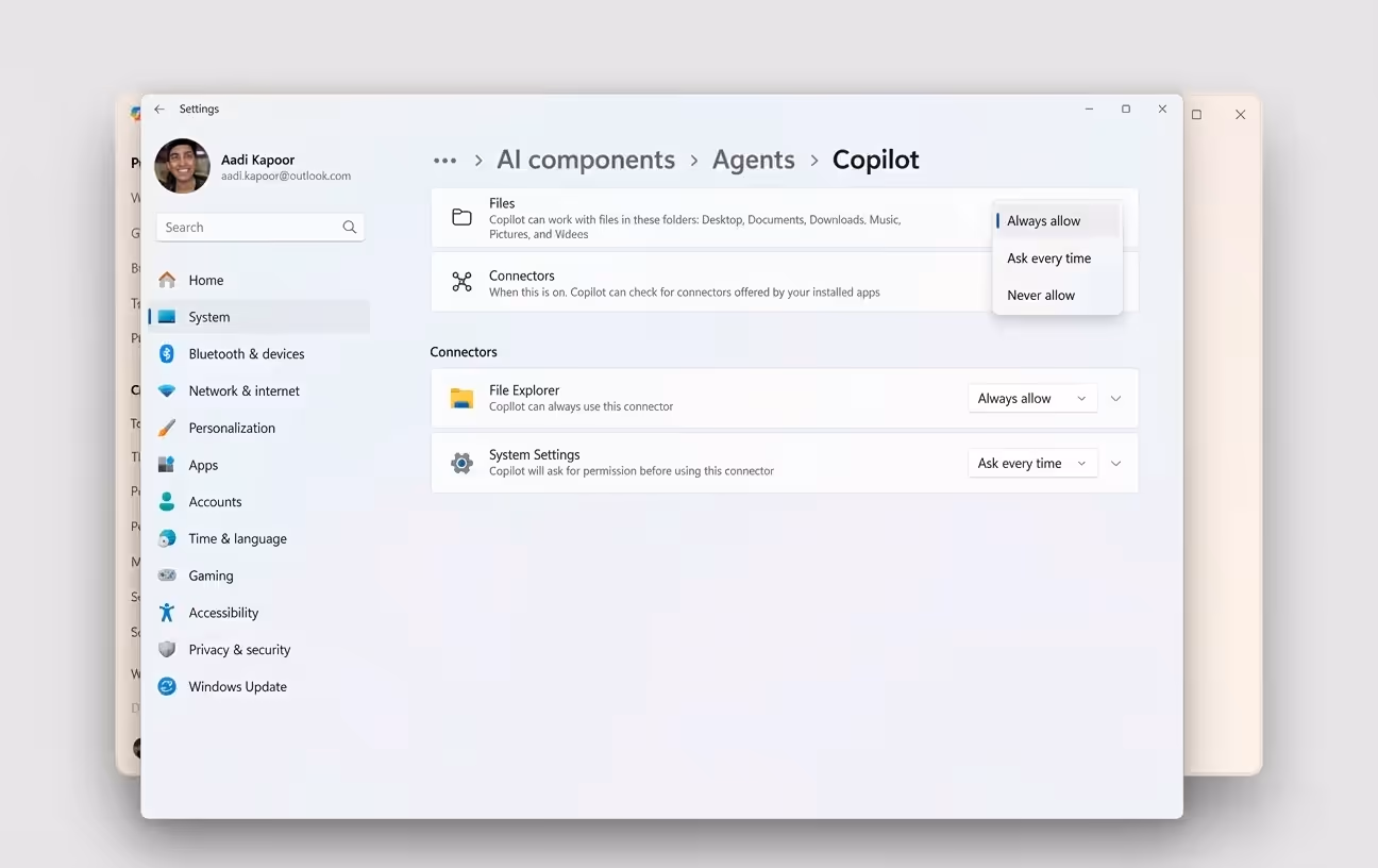 Windows 11 écran paramètres confidentialité IA accès fichiers icône dossier processeur puce matérielle sécurité