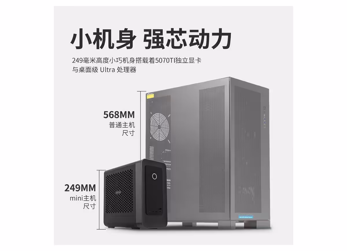 ZOTAC ZBOX MAGNUS ONE avec GeForce RTX 5070 Ti : mini PC 8,5 L dès 2000 € 6 Vue de trois quarts du mini PC ZOTAC MAGNUS One équipé d'une GeForce RTX 5070 Ti, boîtier 8,5 L et connectique arrière visibl