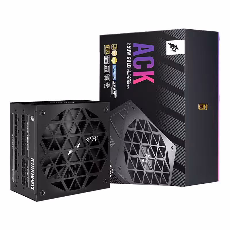 Bloc d'alimentation 1STPLAYER ACK 850W GOLD, ventilation 140 mm, avec boîte, connecteurs modulaires visibles.