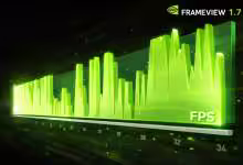 Graphique 3D vert de NVIDIA FrameView 1.7 représentant les variations de FPS en temps réel, avec des pics et creux illustrant le rythme et la stabilité des performances GPU sur fond sombre.