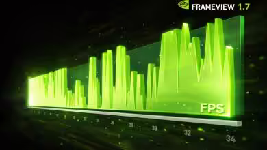 Graphique 3D vert de NVIDIA FrameView 1.7 représentant les variations de FPS en temps réel, avec des pics et creux illustrant le rythme et la stabilité des performances GPU sur fond sombre.