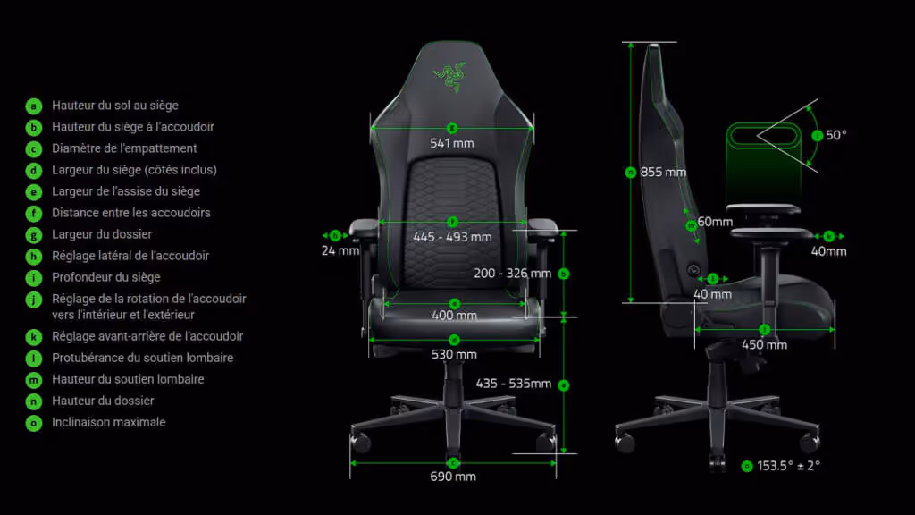 Razer Iskur V2 NewGen dimensions