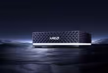 AMD Ryzen AI Halo Mini-PC sur fond sombre avec éclairage subtil