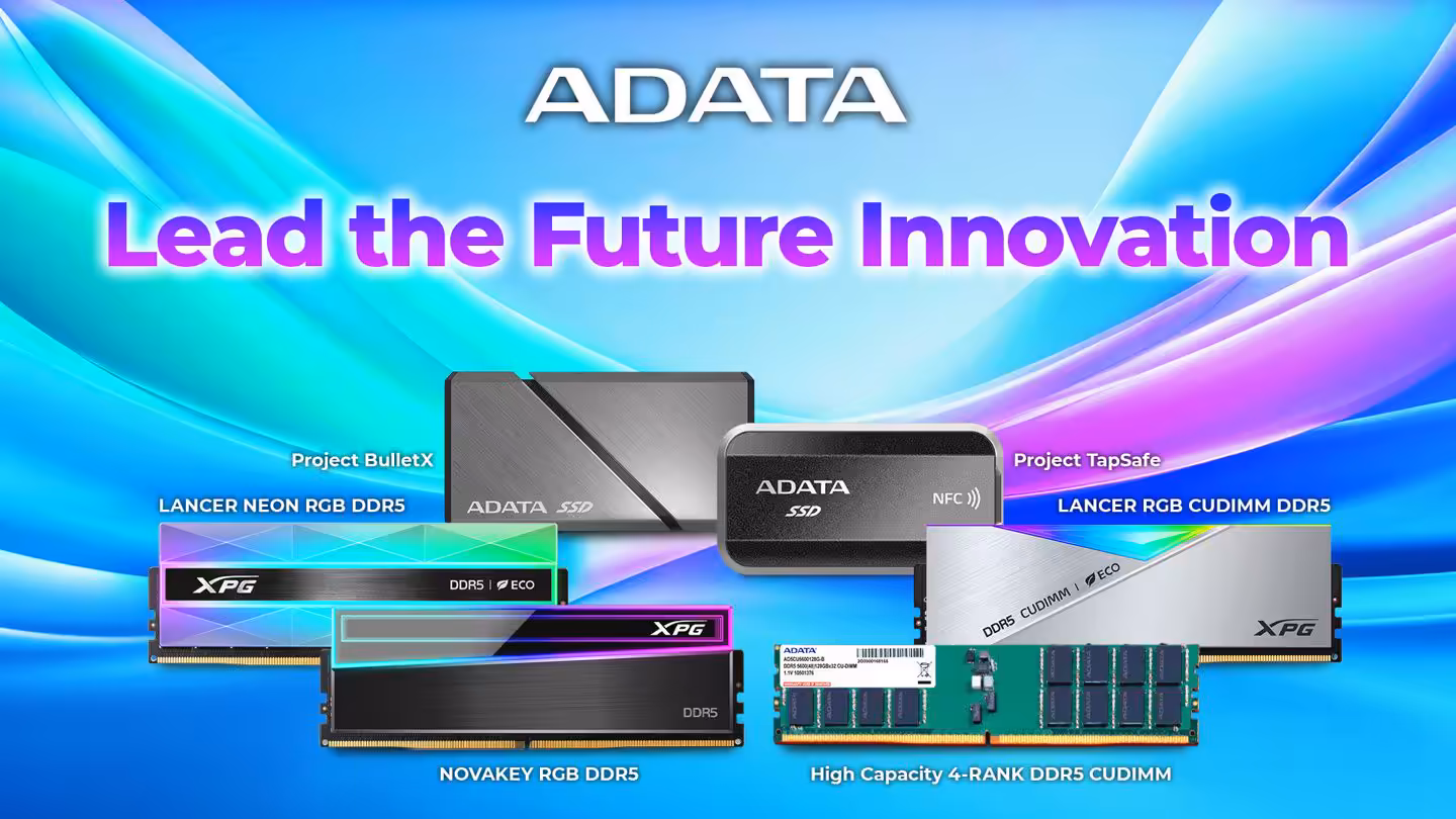 ADATA présente des modules DDR5-7200 CUDIMM, XPG Lancer RGB et options de stockage, au CES 2026.