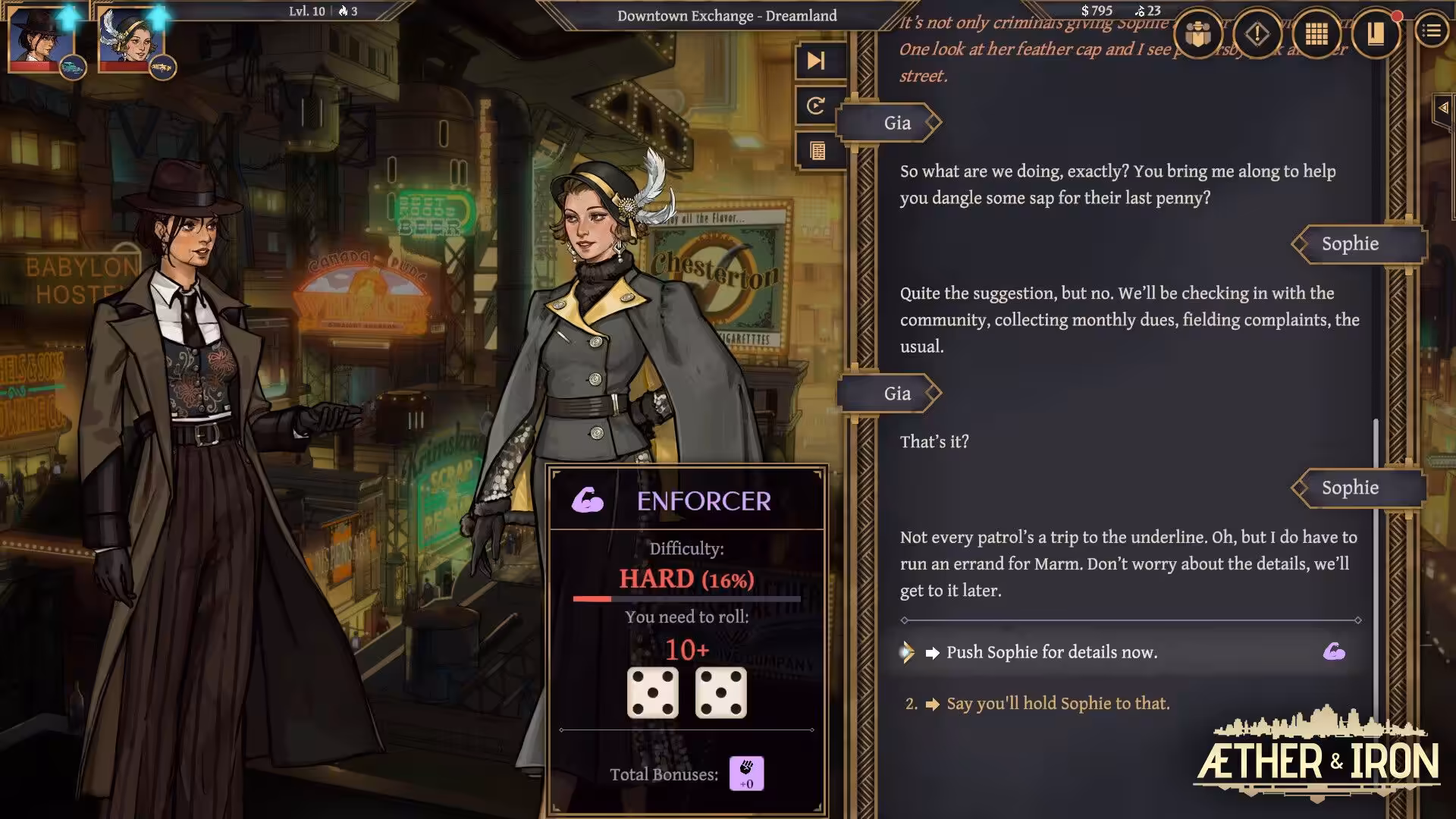 Interface de dialogue du jeu Aether & Iron avec personnages et options de choix.
