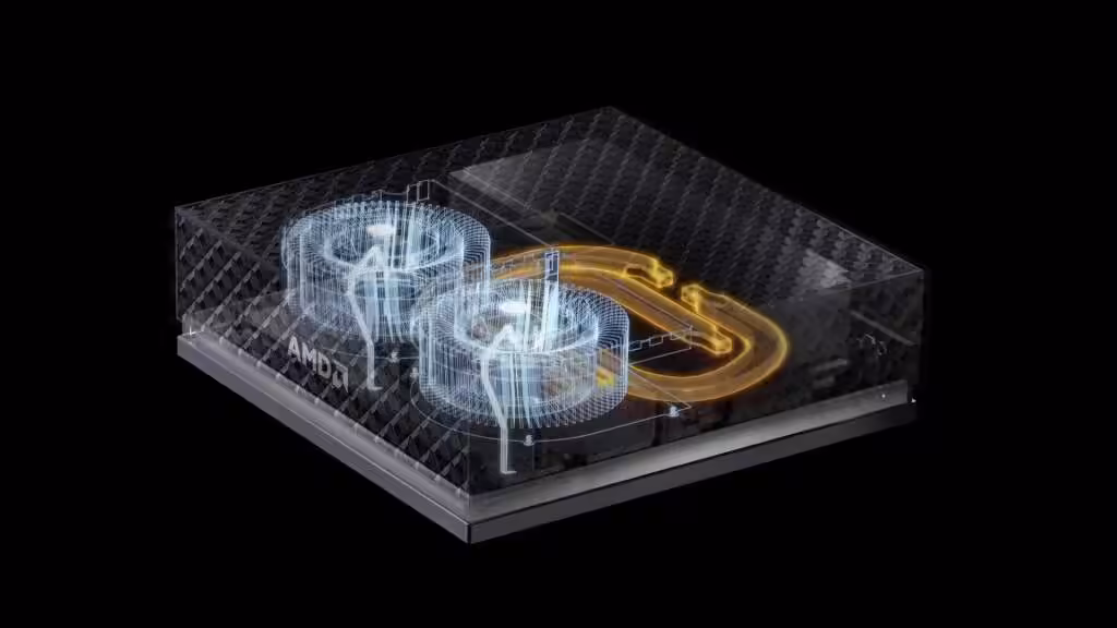 Illustration interne du refroidissement AMD Ryzen AI Halo Mini-PC avec deux ventilateurs et caloduc