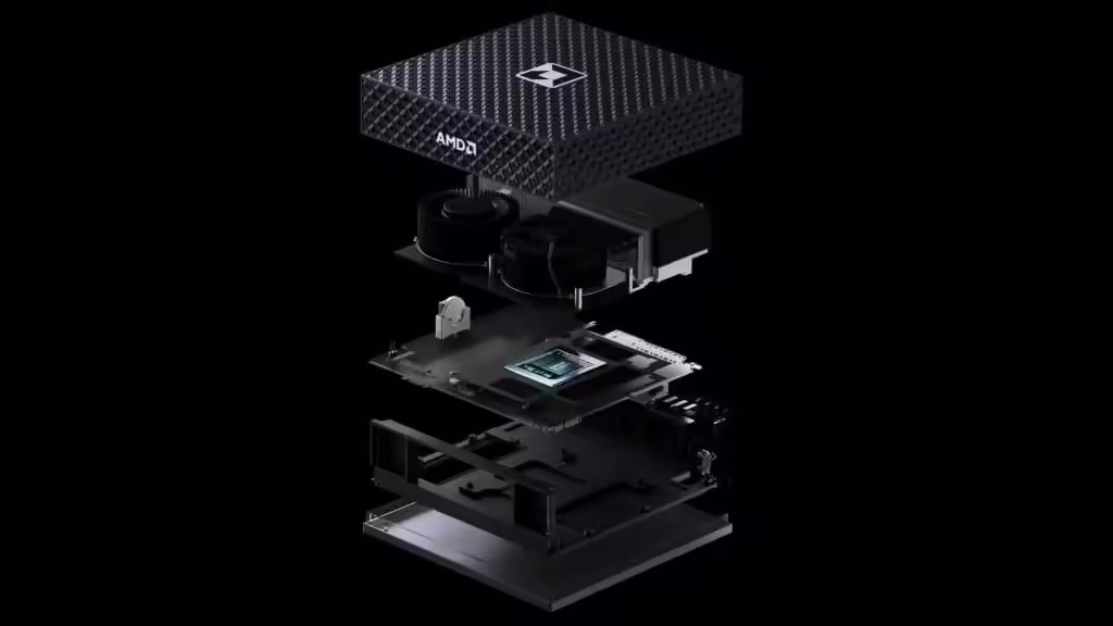 Vue éclatée du AMD Ryzen AI Halo Mini-PC montrant composants internes et agencement