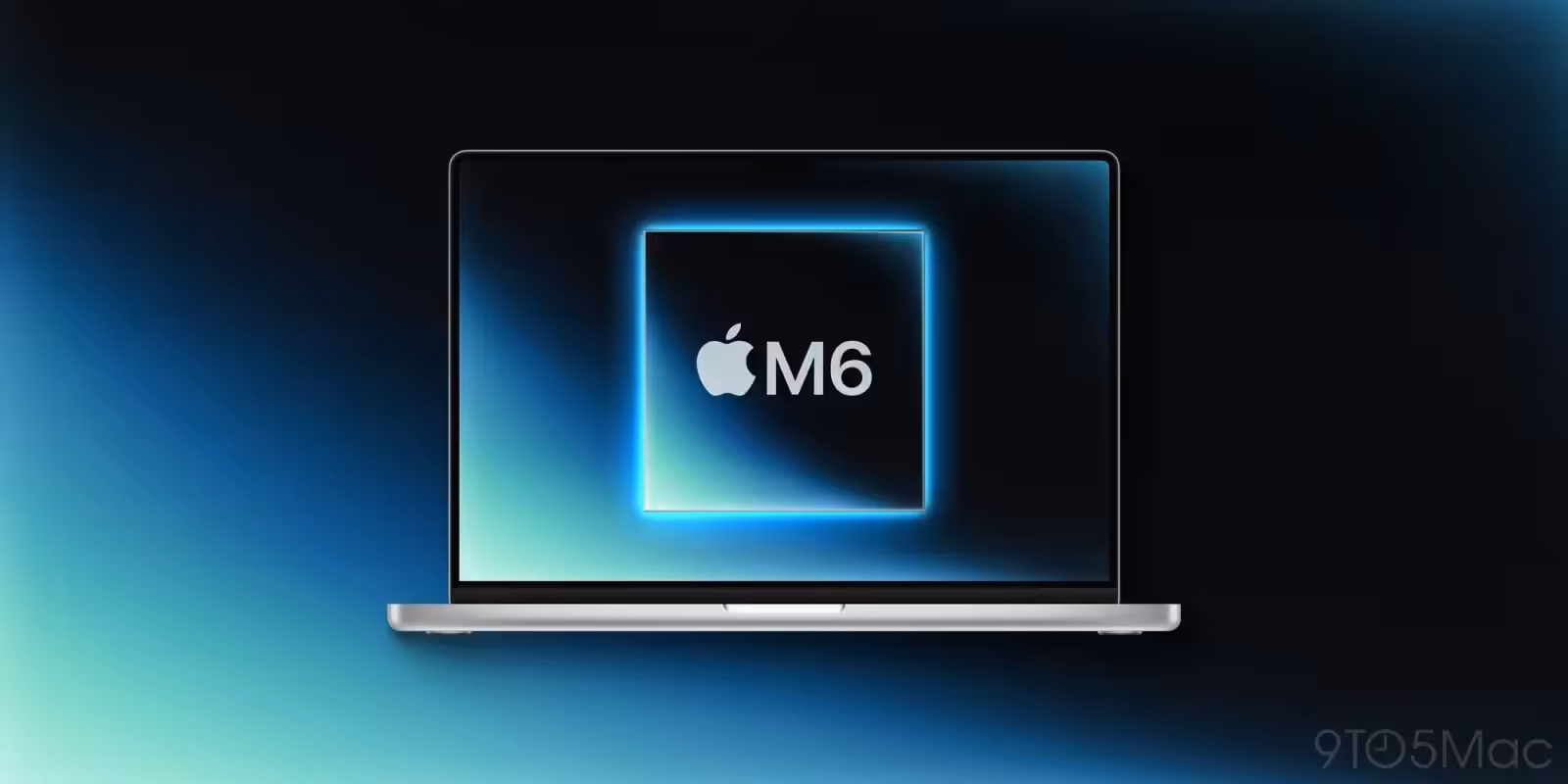 Ordinateur portable affichant un logo Apple M6 sur l'écran.