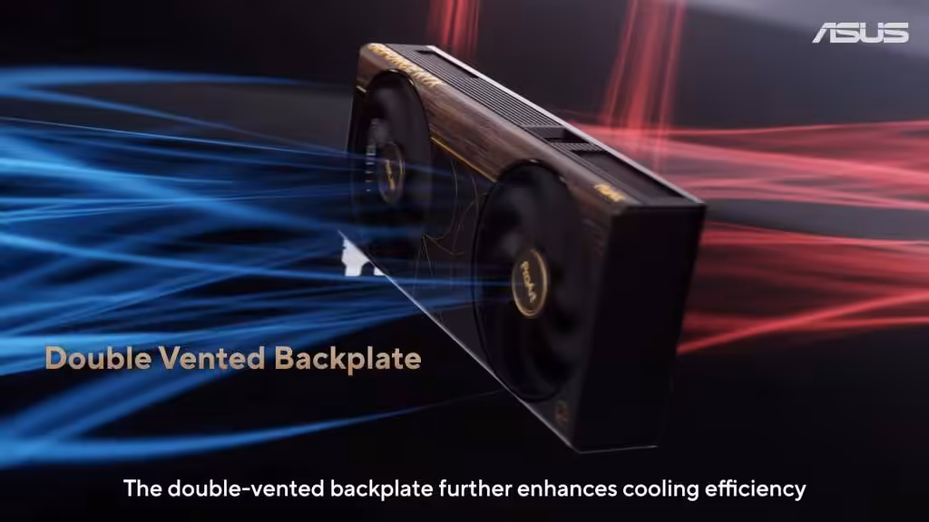 ASUS GeForce RTX 5090 ProArt avec plaque arrière ventilée et effets visuels de refroidissement.