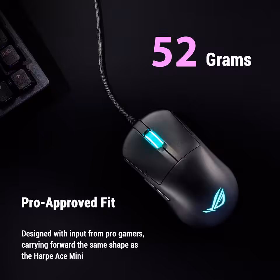 Souris ASUS ROG Harpe Ace Mini Core avec logo, câble branché et texte sur poids et design.