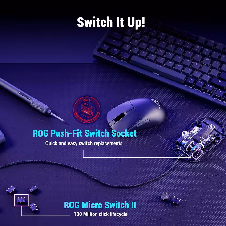 Clavier, souris ASUS ROG Harpe Ace Mini Core démontée et composants sur un bureau de gamer.