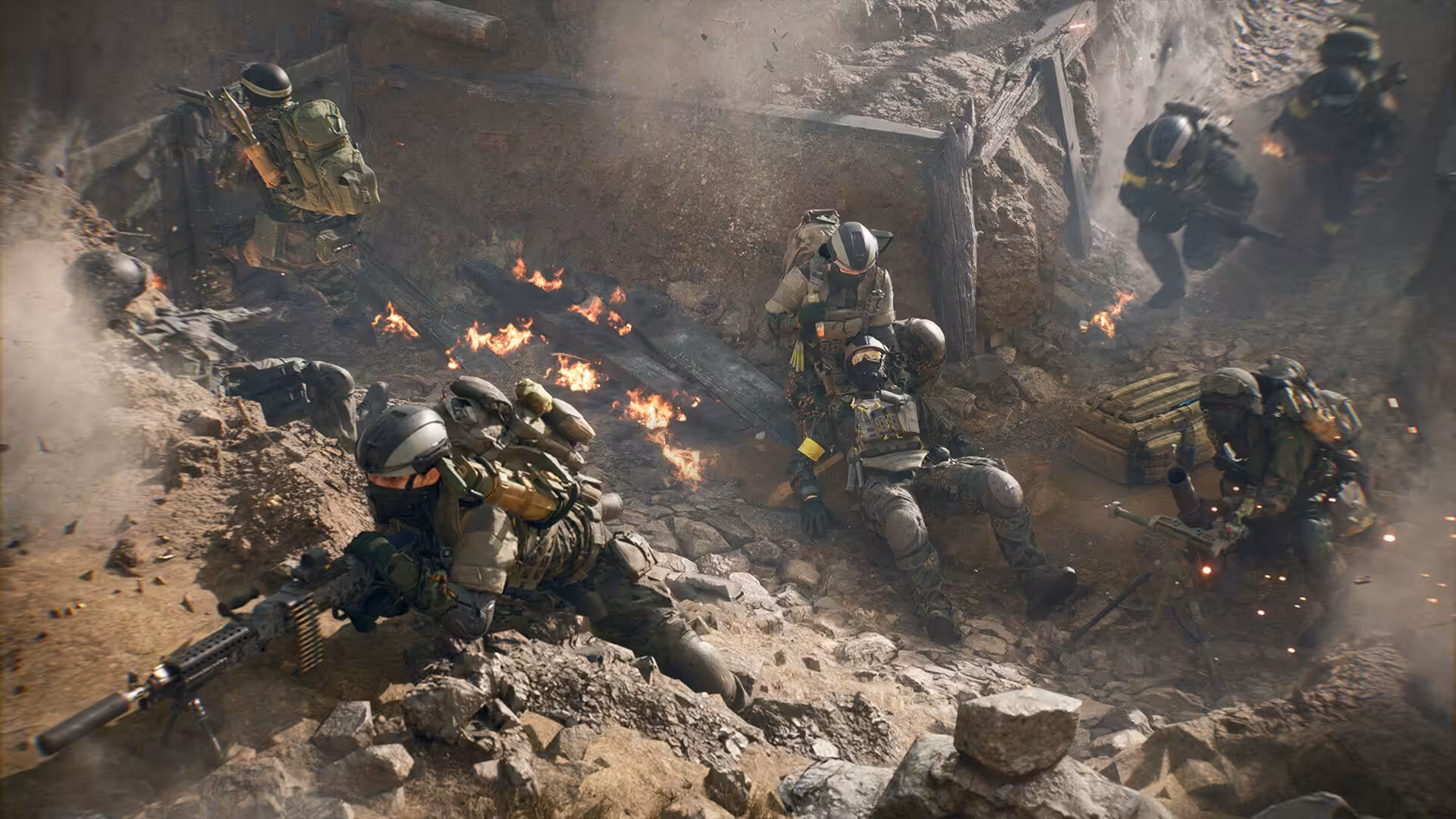 Soldats en couverture dans une tranchée en feu dans Battlefield, Saison 1.