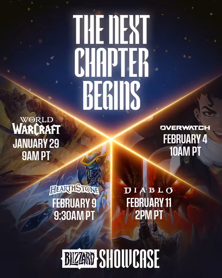 Blizzard Showcase 2026: une série de présentations développeurs pour ouvrir le prochain chapitre 46 Affiche date et heure des événements pour World of Warcraft, Overwatch, Hearthstone, et Diablo.
