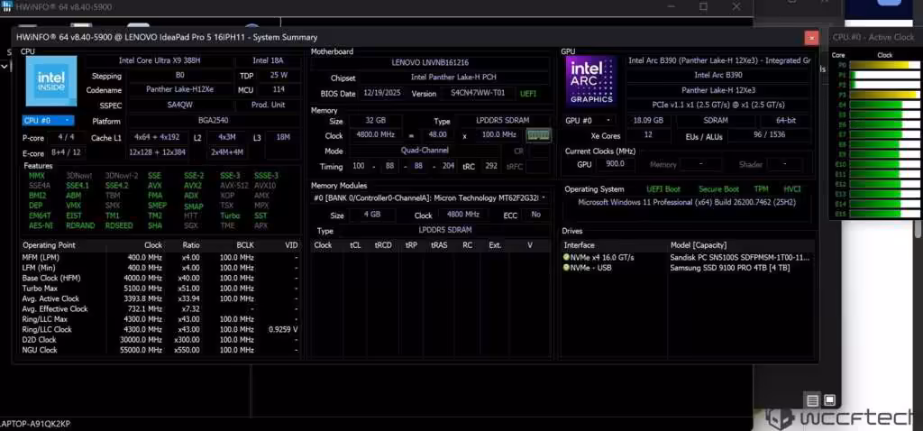 Interface HWINFO avec détails Intel Core Ultra X9 et iGPU Intel Arc B390