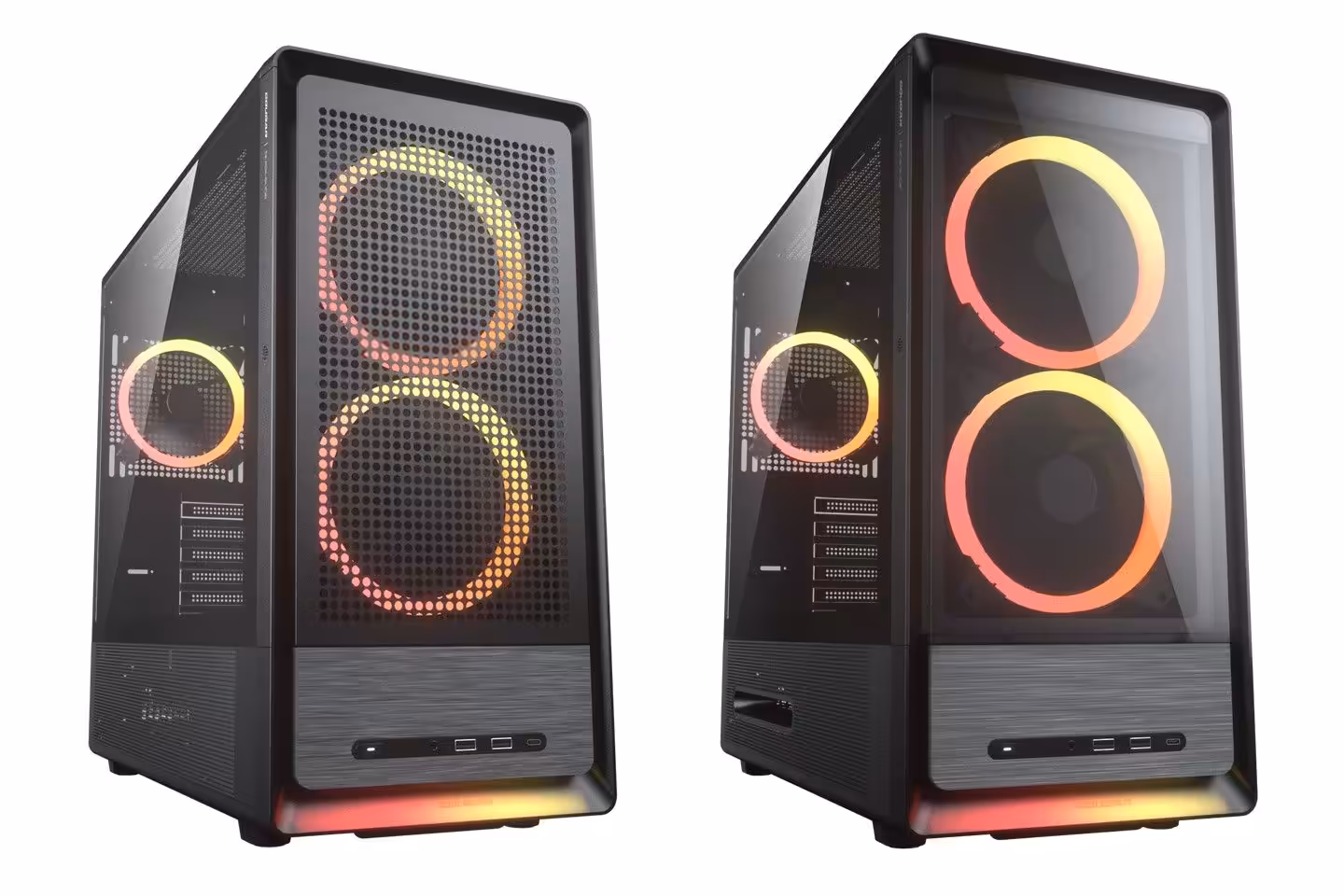 COUGAR MX600 Max : double 200 mm en façade, DUOAIR et FV130 au CES 2026 26 Boîtiers avec façade grillagée et doubles ventilateurs RGB orange.