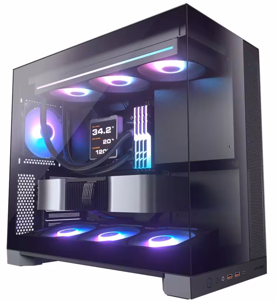COUGAR MX600 Max : double 200 mm en façade, DUOAIR et FV130 au CES 2026 27 Intérieur lumineux du boîtier COUGAR avec ventilateurs RGB et panneau transparent.