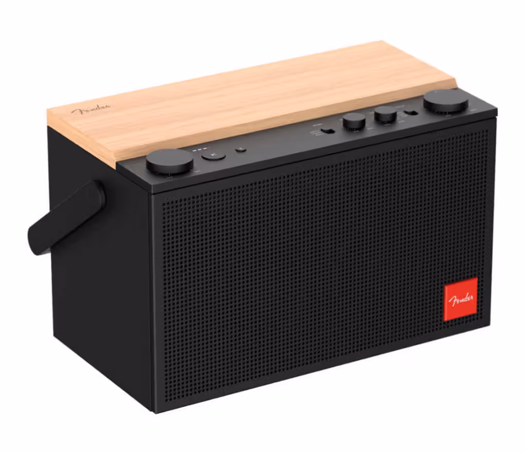 Enceinte portable black Fender ELIE et station MIX présentées au CES 2026, design premium, haut-parleurs, connectivité Bluetooth et USB-C