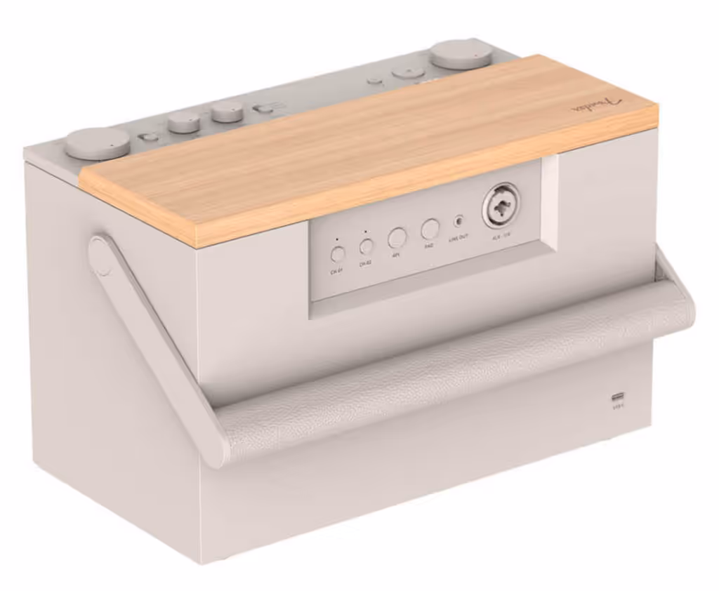 Enceinte portable white Fender ELIE et station MIX présentées au CES 2026, design premium, haut-parleurs, connectivité Bluetooth et USB-C