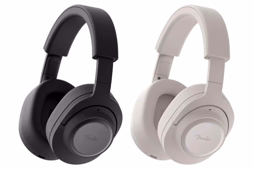 Casque audio Fender ELIE et enceinte portable MIX posant ensemble, design premium, drivers, Bluetooth, ANC, construction nomade