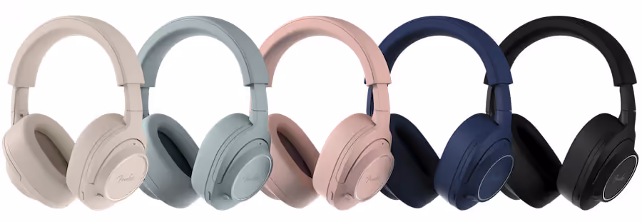 Casque audio Fender ELIE et enceinte portable MIX posant ensemble, design premium, drivers, Bluetooth, ANC, construction nomade