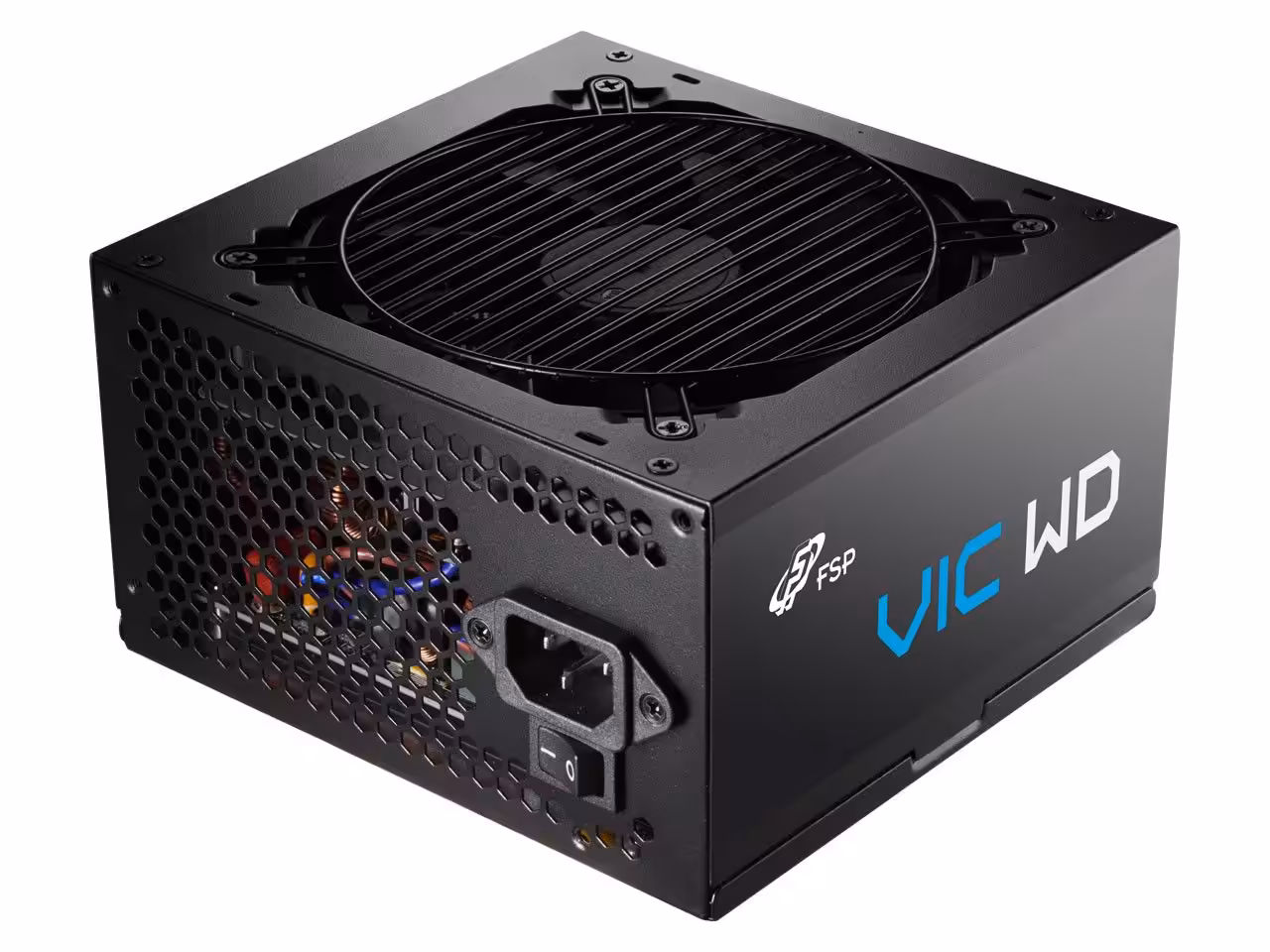 Alimentation ATX FSP VIC WD, grille de ventilateur, logo FSP, ports de connexion visibles, châssis noir perforé.