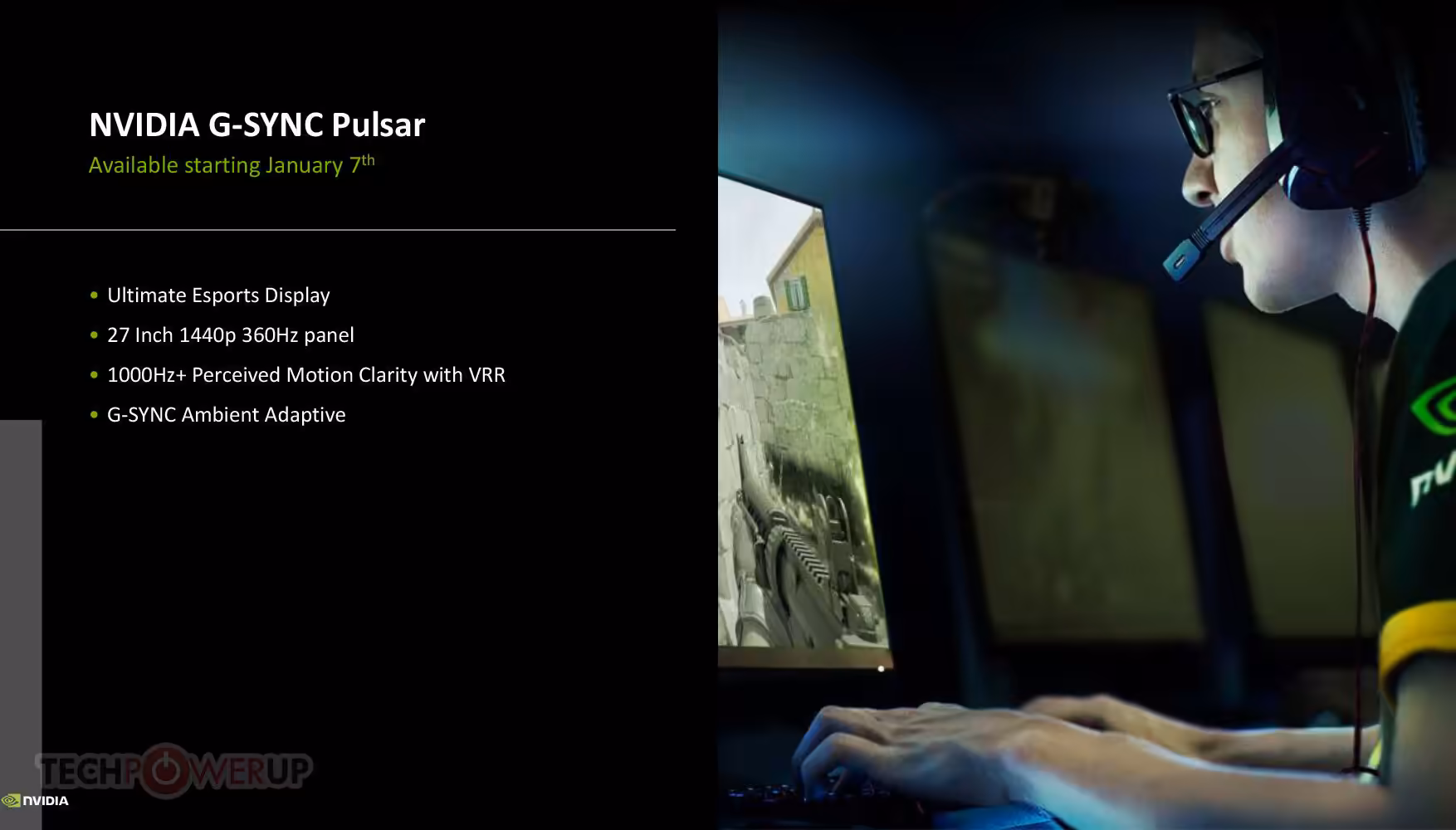 Gamer portant un casque devant un écran de jeu avec détail sur NVIDIA G-SYNC Pulsar.