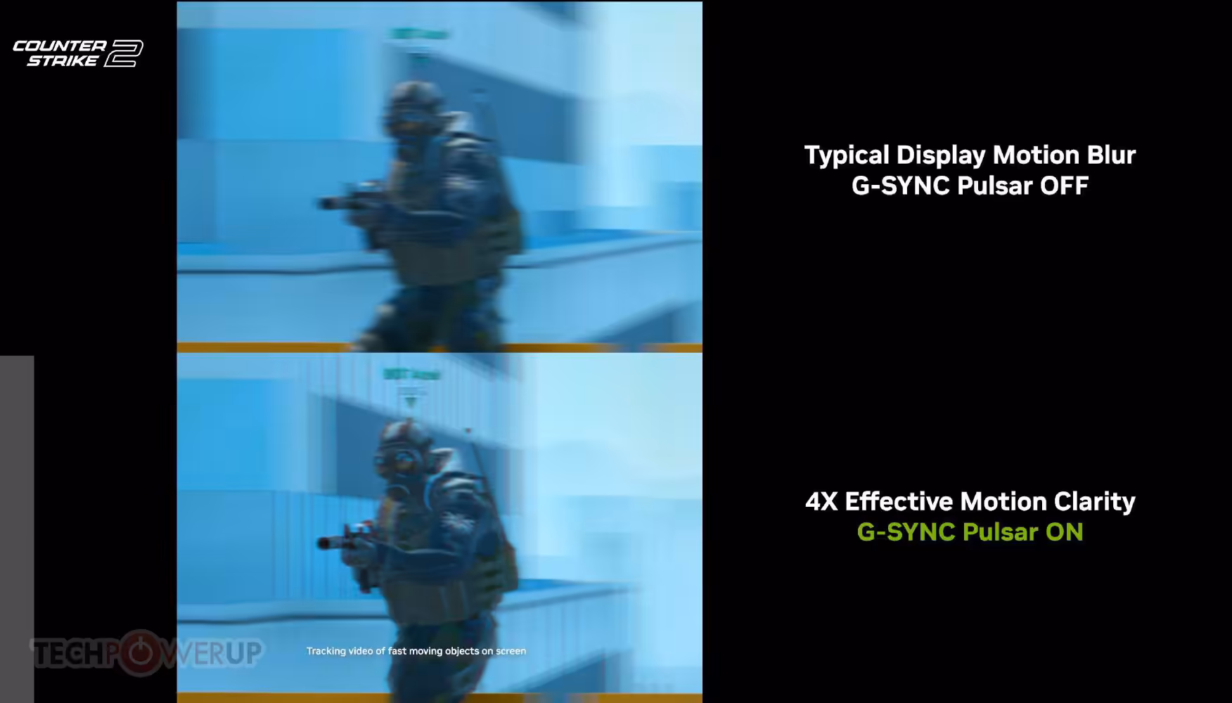 Comparaison de la clarté du mouvement avec G-SYNC Pulsar activé et désactivé.
