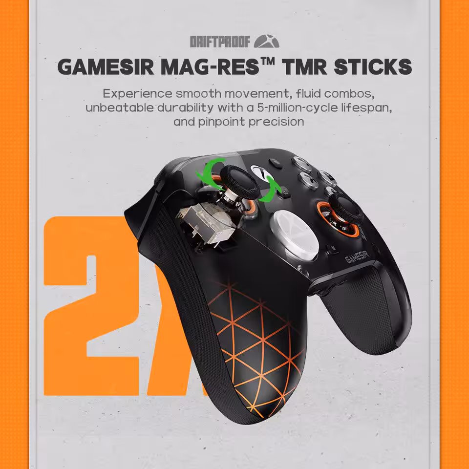Manette GameSir avec technologie GameSir MAG-RES TMR Sticks affichée.