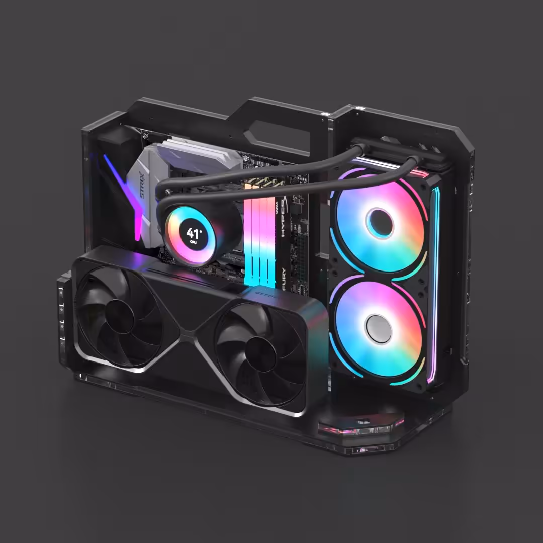 Vue latérale GEEEK EXO 1 avec composants installés, ventilateurs RGB colorés, fond subtilement sombre
