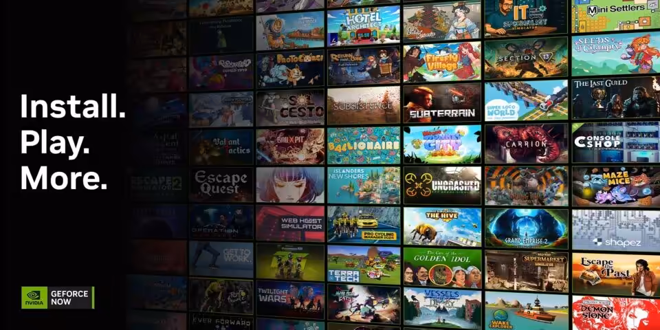 GeForce NOW : 14 jeux en janvier et l’Ultimate dopé au RTX 5080 3 Logo GeForce NOW sur fond technique avec mention RTX 5080, streaming cloud gaming, bibliothèques de jeux et performance matérielle