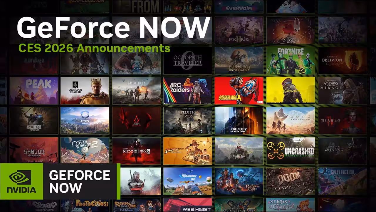 Annonces CES 2026 GeForce NOW avec mosaïque de jeux