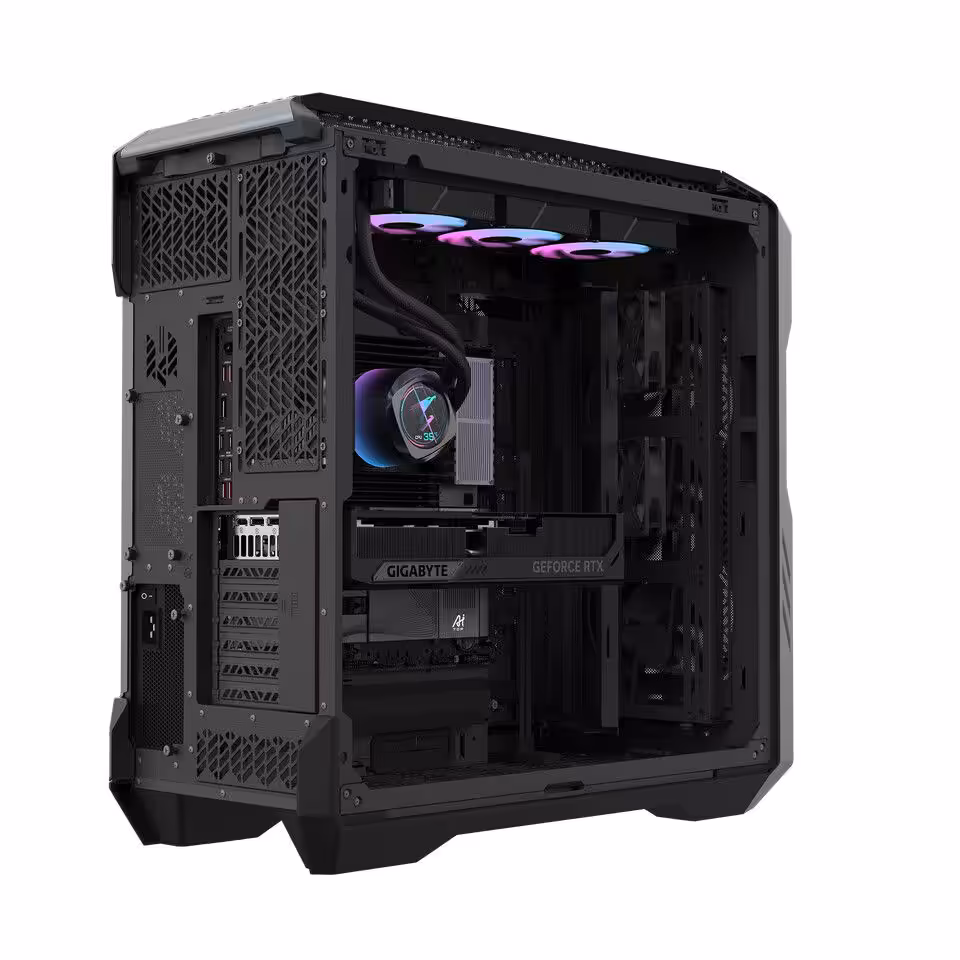 Vue latérale d'une tour Gigabyte AI avec composants et éclairage interne RGB
