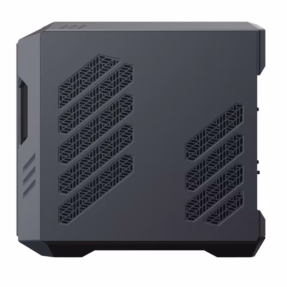 Côté d'une tour Gigabyte avec motifs de ventilation en grille
