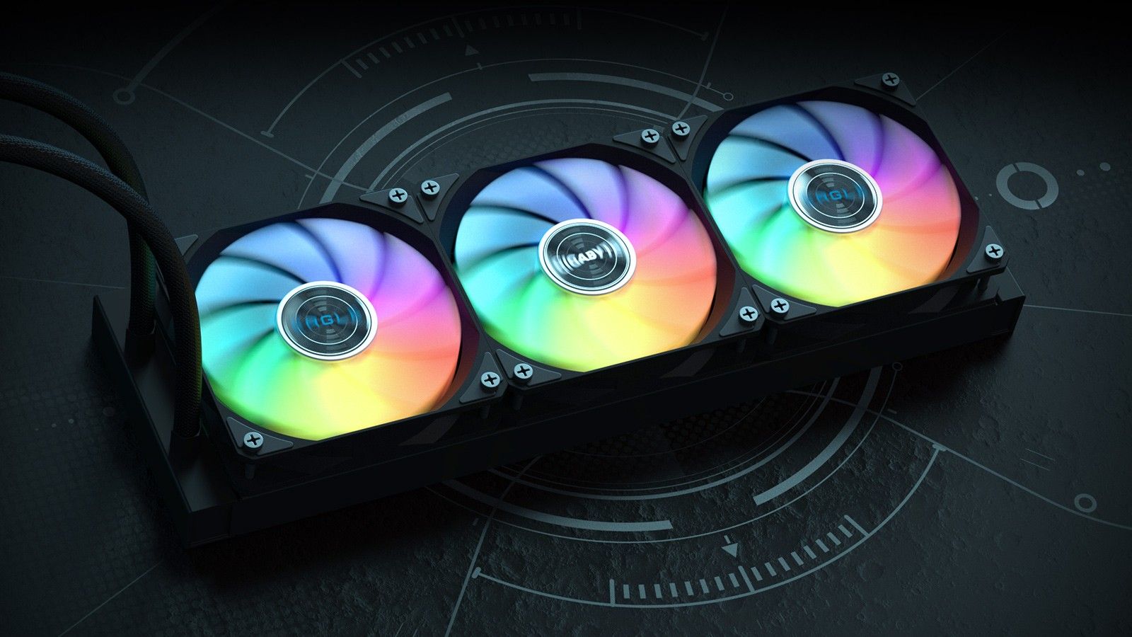 Trois ventilateurs ARGB sur un refroidisseur noir GIGABYTE au design futuriste