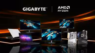 Divers écrans et appareils GIGABYTE et AMD Ryzen exposés ensemble