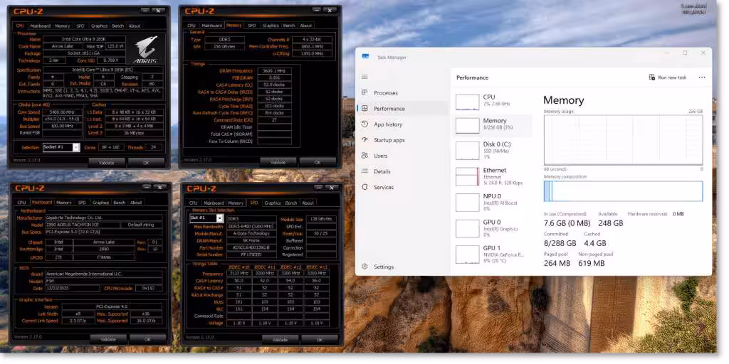 Capture d'écran logiciel test performance mémoire et CPU avec fond montagneux