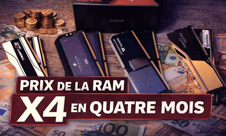 Explosion des prix de la RAM en 2026 : une hausse historique qui frappe l’Europe 1 Kits de mémoire DDR5 disposés sur un bureau avec des billets en euros et une calculatrice affichant une multiplication par quatre, illustrant la forte hausse des prix de la RAM début 2026.