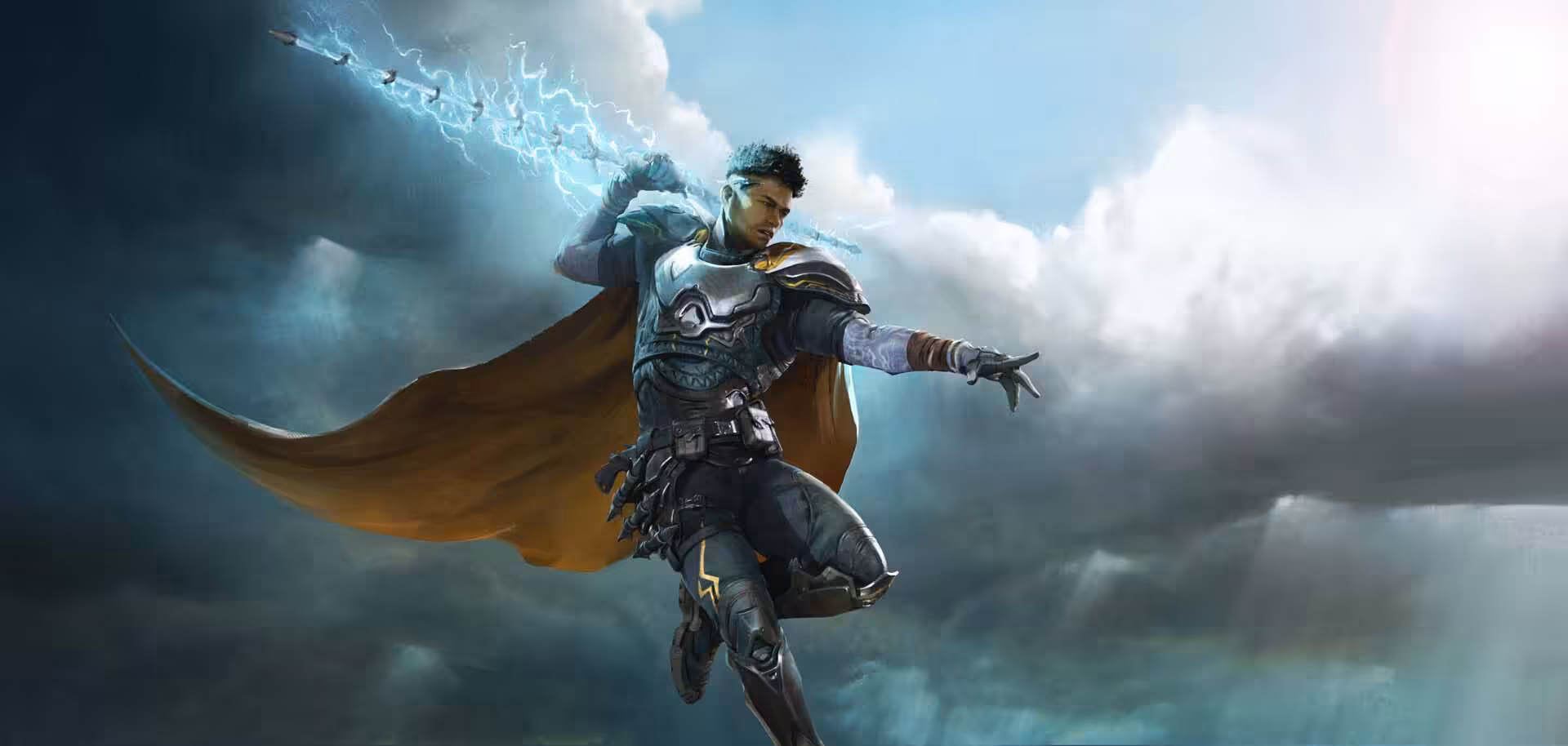 Personnage héroïque en cape brandissant une épée électrique avec un ciel orageux