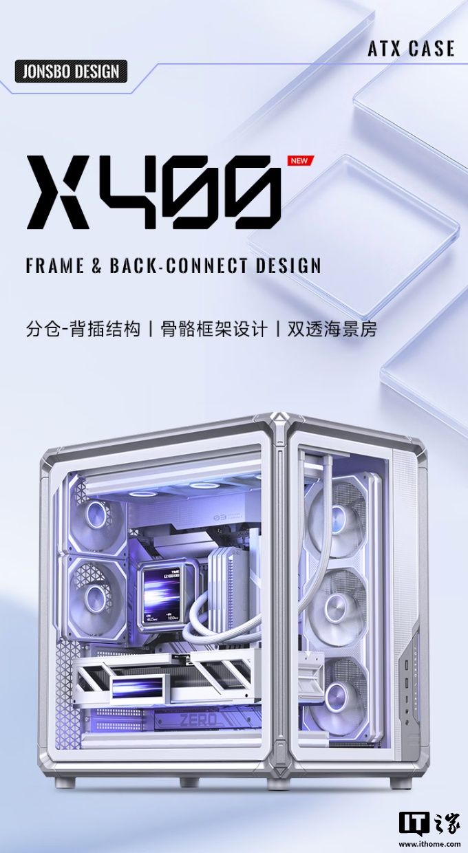 Boîtier Jonsbo X400 WHITE avec façade vitrée et éclairage interne.