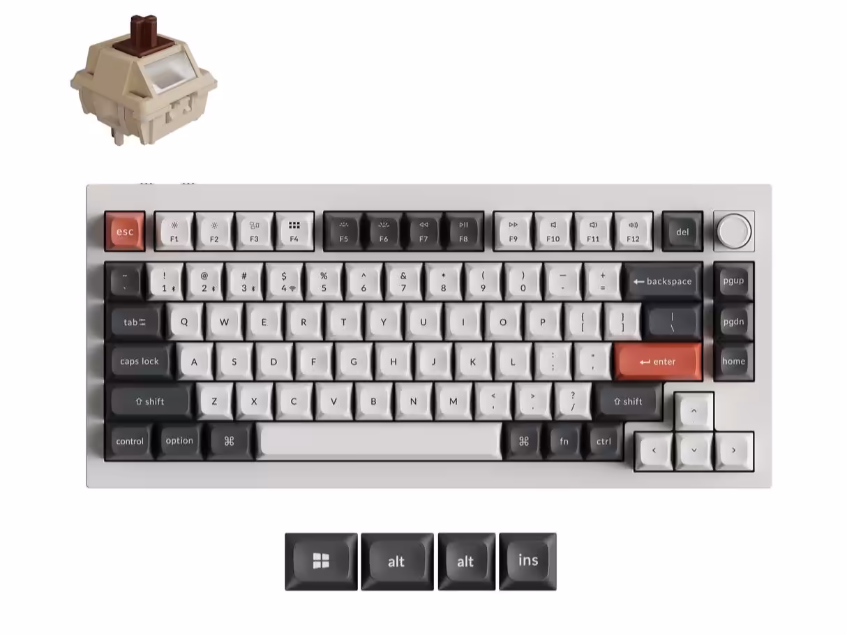 Clavier mécanique Keychron avec touches personnalisées et switch visible en haut à gauche, variante blanche.