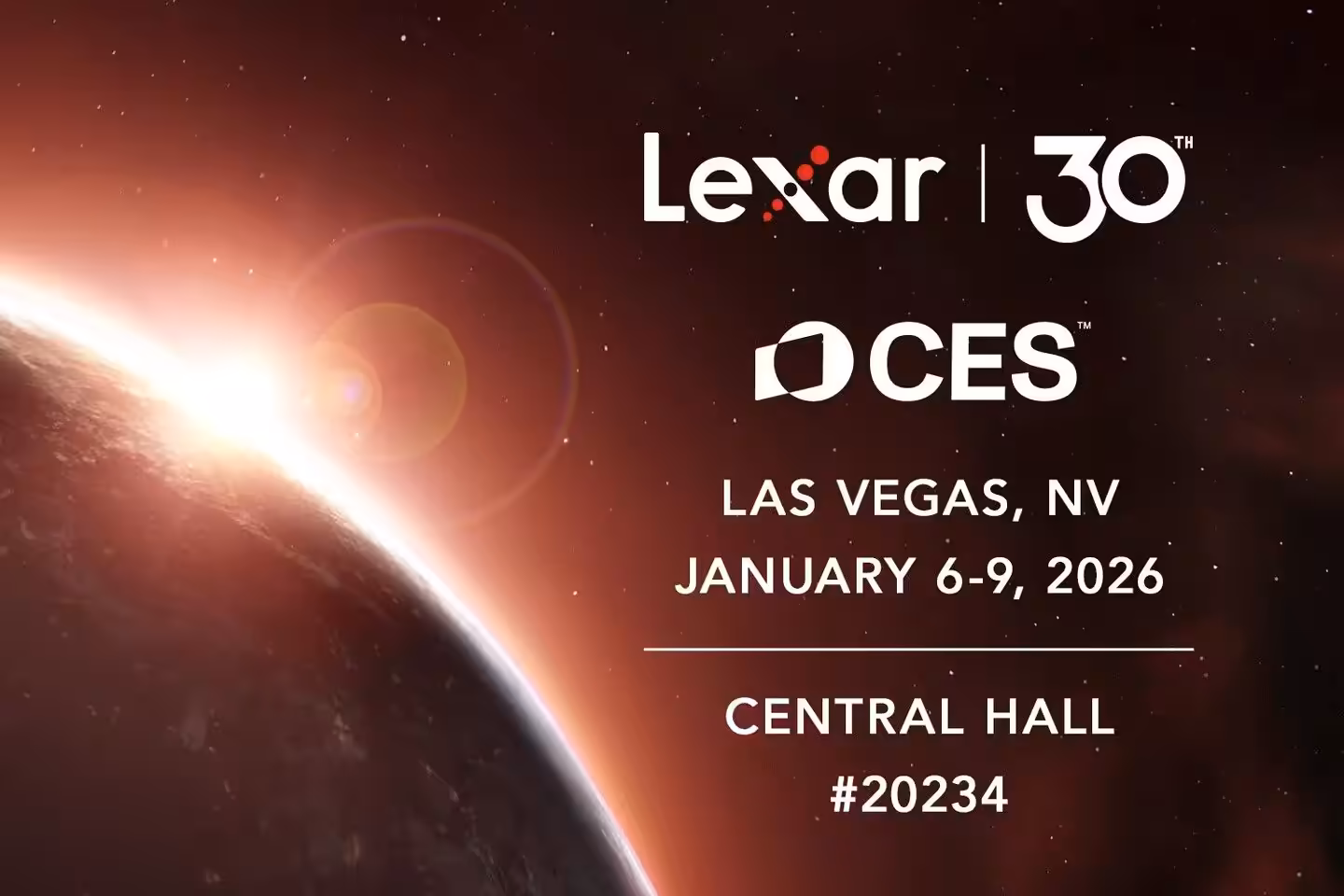 Affiche événement Lexar 30 ans CES 2026, Las Vegas avec logo et dates.