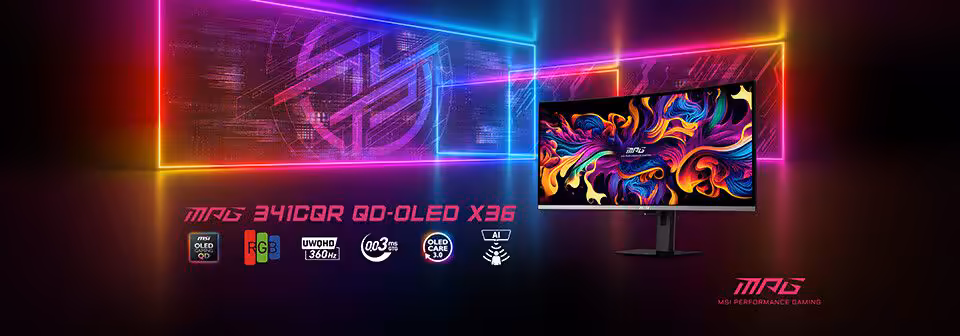 Moniteur MSI MPG 341CQR QD-OLED X36 avec fond coloré et logos techniques
