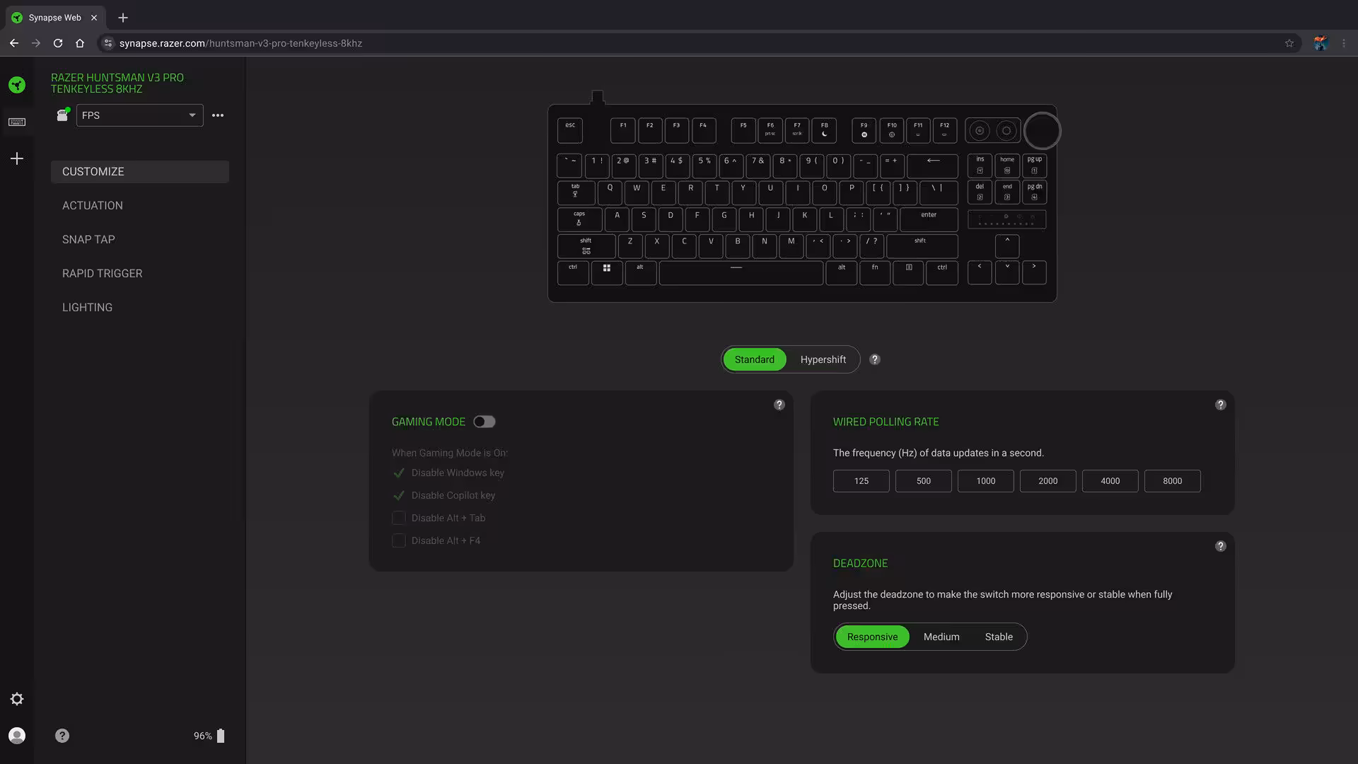 Razer Synapse Web beta : une app navigateur pour régler ses périphériques 5 Menu de configuration Razer Synapse Web pour clavier avec options de personnalisation visibles