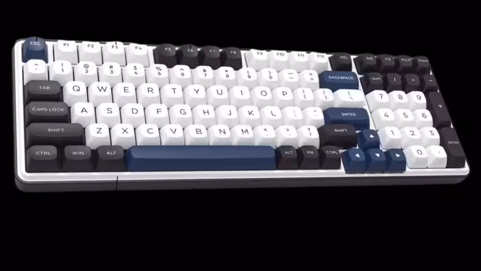 Redragon Ebene M998 STD: souris 61 g avec dock magnétique et deux claviers tri-mode 4 Clavier mécanique avec touches bleu, blanc, noir sur fond noir.