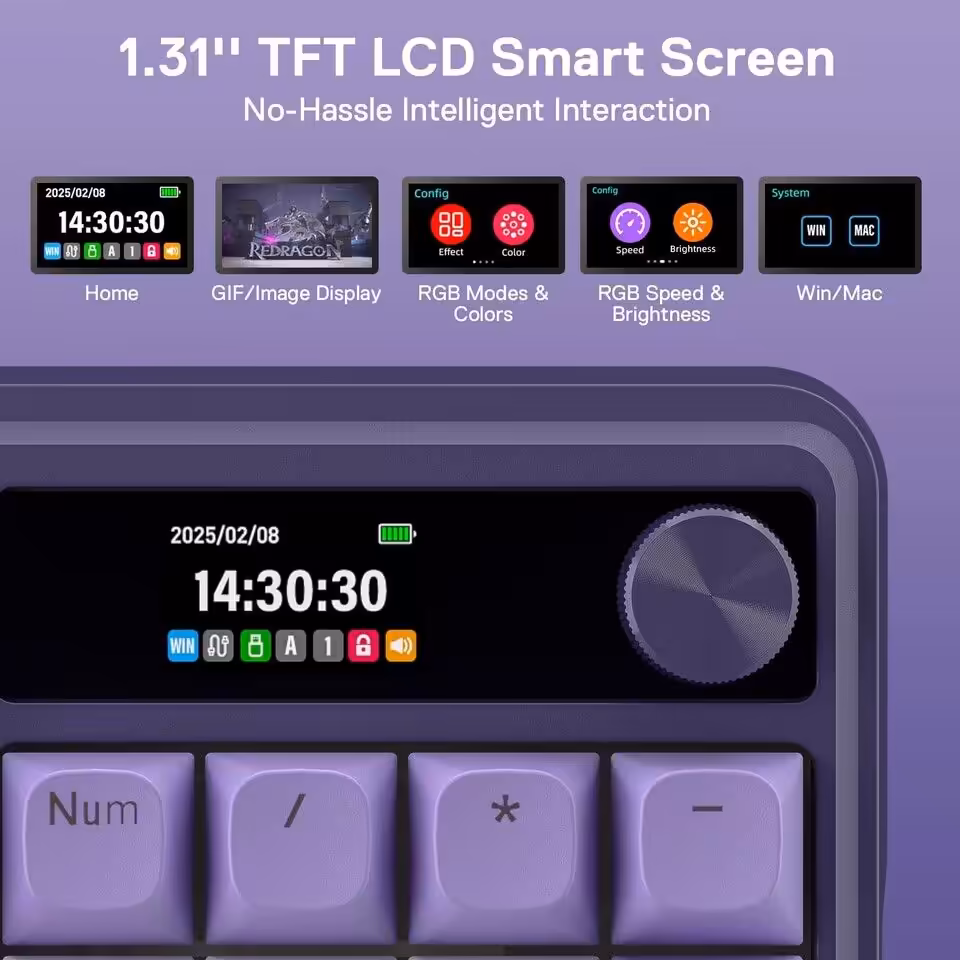 Redragon Ebene M998 STD: souris 61 g avec dock magnétique et deux claviers tri-mode 9 Écran LCD intelligent Redragon avec options d'affichage et paramètres visibles.