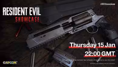 Affiche Resident Evil Showcase avec une arme à feu et date de diffusion