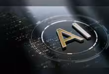 Logo AI doré sur fond noir numérique, symbolisant l'intelligence artificielle avancée.