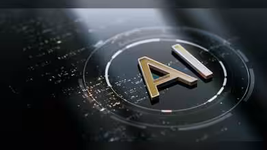 Logo AI doré sur fond noir numérique, symbolisant l'intelligence artificielle avancée.